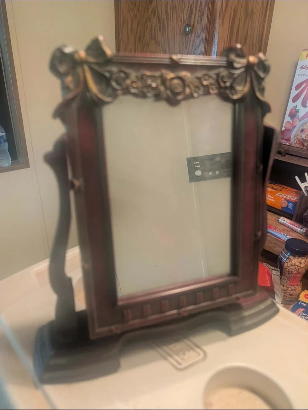 Ornate Wood Vanity Mirror in Dark Brown with Gold Accents